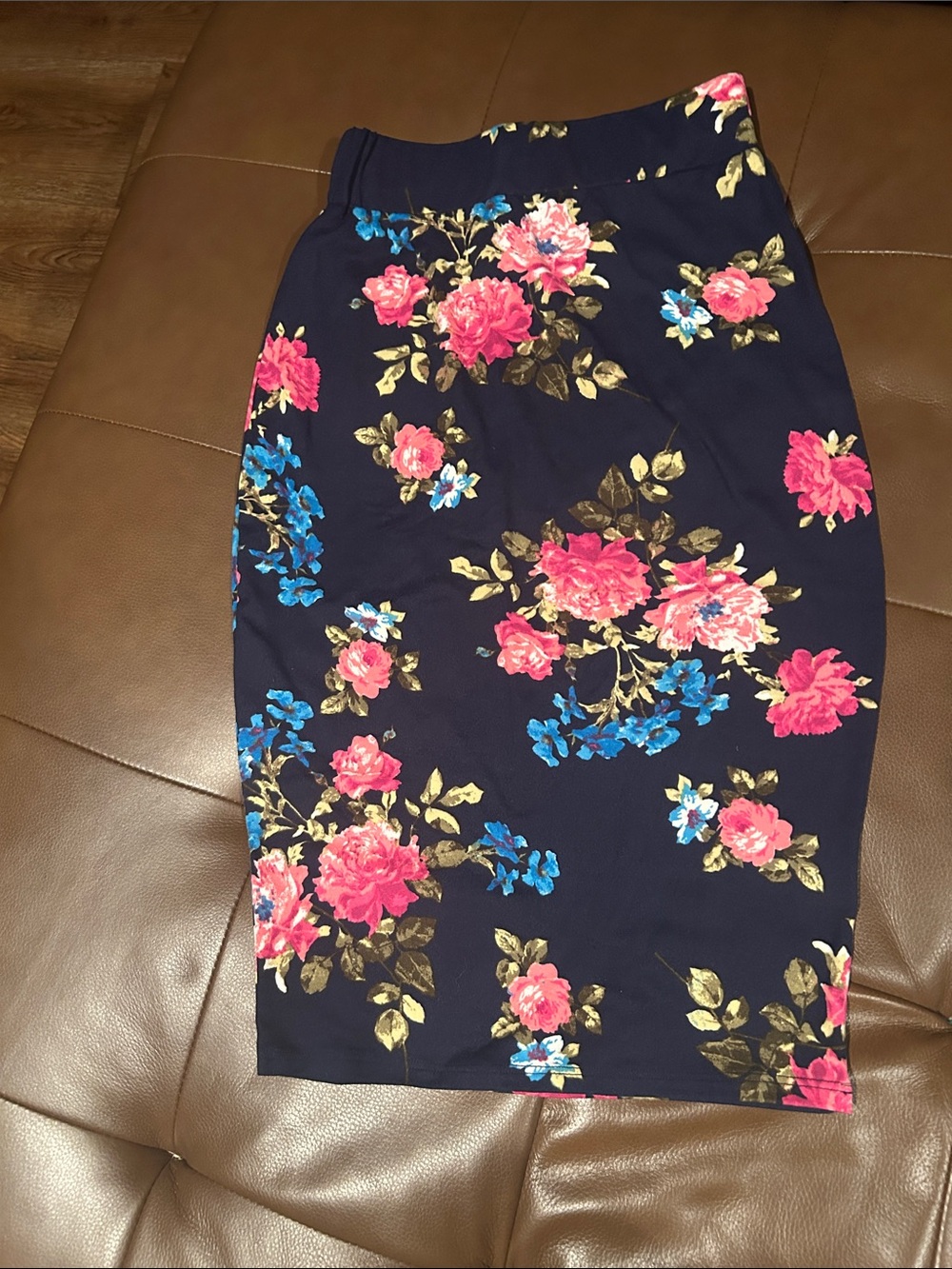 Amelia James Navy Pencil Skirt with Pink & Blue Floral Print
